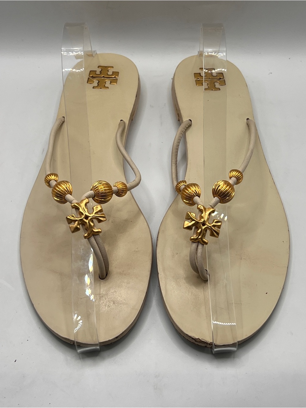 Tory Burch Capri Beaded Leather Thong Sandals Ivory Gold 8M